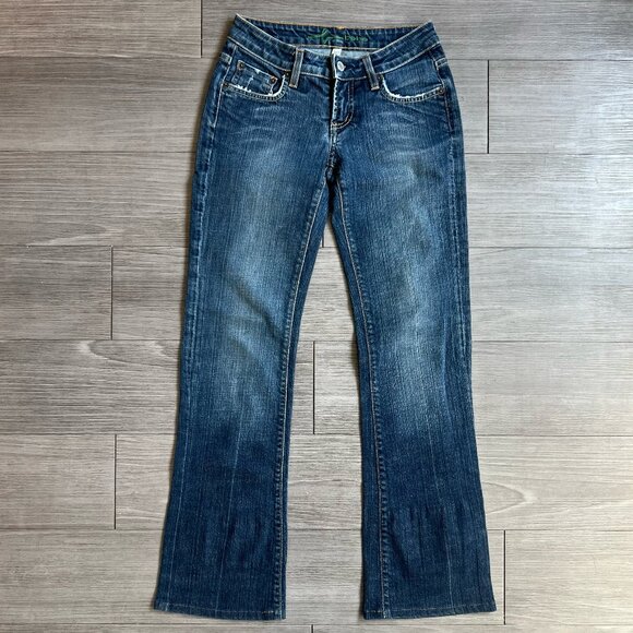 Y2K 00s Bebe Low Rise Rhinestone Flares Dark Wash Denim Jeans Size 26 - Picture 1 of 7